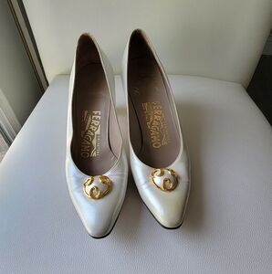 Salvatore Ferragamo Gold White Heels with Classic Design